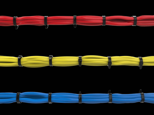 Red, blue and yellow cables - tied together with black zipties - Photo, Image