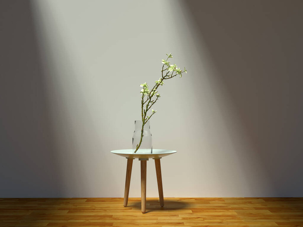 Blütenpflanze in einer Glasvase auf einem einfachen Holztisch, beleuchtet von einem einzigen Sonnenstrahl - Foto, Bild