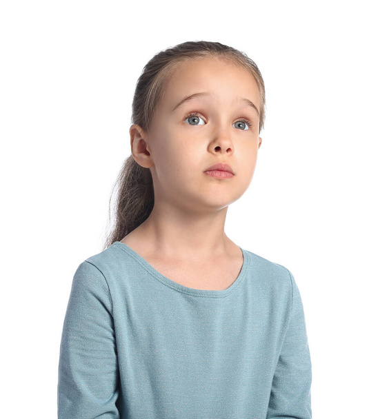 Portrait of sad little girl on white background - Φωτογραφία, εικόνα