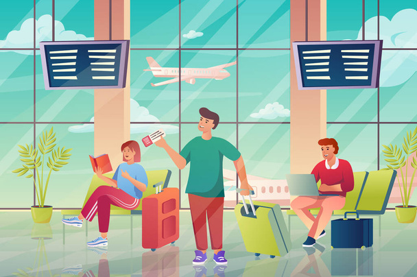 Airport interior with passengers concept in flat cartoon design. Travelers with luggage sitting in waiting hall with huge window with airplane view. Illustration with people scene background - Foto, afbeelding