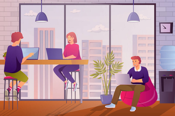 Coworking office concept in flat cartoon design. Employees work on laptops, colleagues sitting at workplaces in coworking. Collaboration and teamwork. Illustration with people scene background - Photo, Image