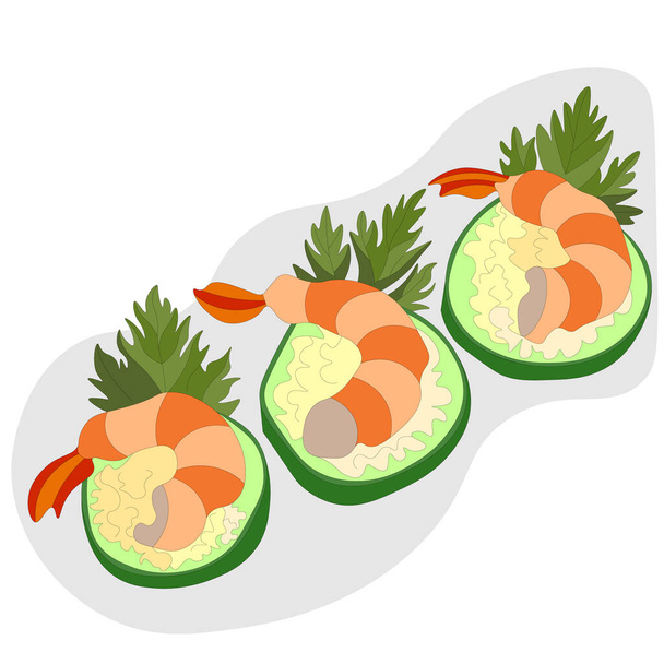 appetizer of cucumber slices with shrimp and cheese, decorated with sprig of parsley. vector illustration of food and snacks for buffet, menu. finger seafood food.  - Vector, Image