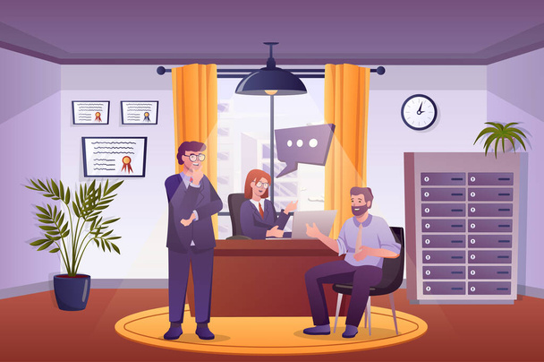 Work interview concept in flat cartoon design. Job applicant talks to HR team managers in office. Recruitment process, looking for new employee. Illustration with people scene background - Fotografie, Obrázek