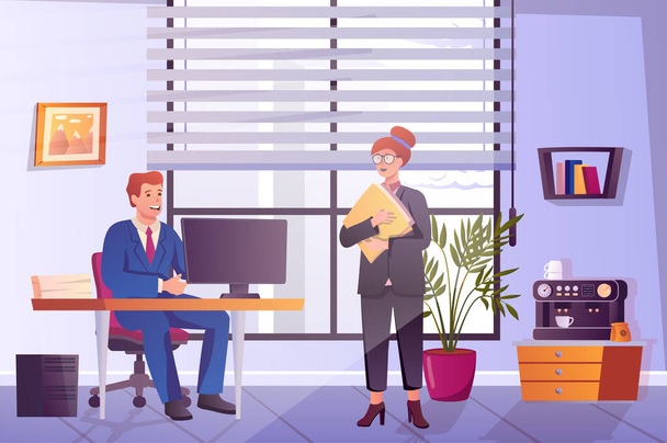 Office workers concept in flat cartoon design. Man works at computer, woman holds documents. Employees team communicate and discuss working tasks. Illustration with people scene background - Фото, изображение