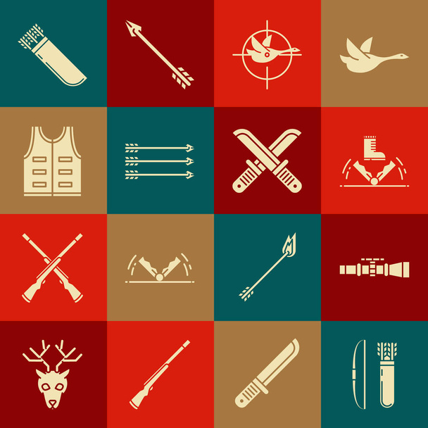Set Bow and arrow in quiver, Sniper optical sight, Trap hunting, Hunt on duck with crosshairs, Hipster arrows, Hunting jacket, Quiver and Crossed hunter knife icon. Vector - Vetor, Imagem