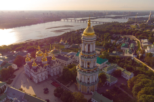 Kyivo-Pecherska Lavra and the Dnipro River , at sunrise time, taken with drone, Ukraine - Photo, Image
