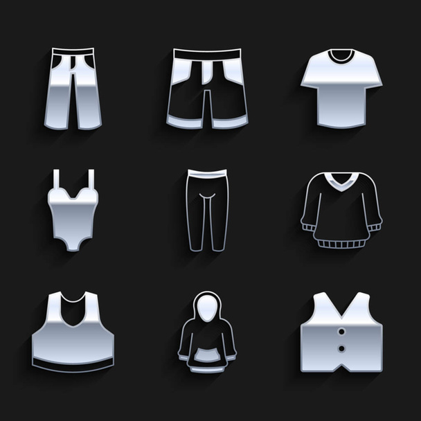 Set Leggings, Hoodie, Waistcoat, Sweater, Undershirt, Swimsuit, T-shirt and Pants icon. Vector - Vector, Imagen