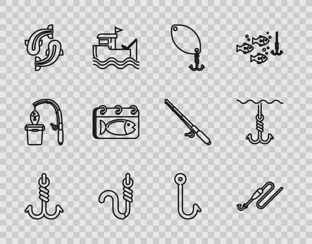Set line Fishing hook, line with and float, spoon, worm, Calendar fish, and under water icon. Vector - Vektor, kép