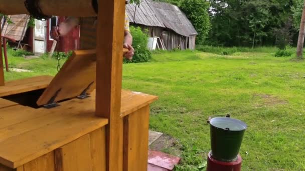 Gärtner Mann am Brunnenhaus nimmt Eimer voll Wasser und geht - Filmmaterial, Video