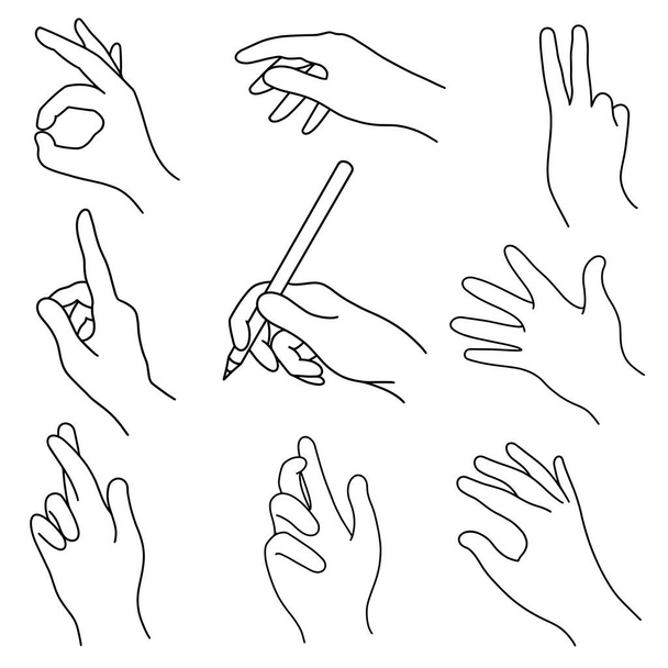 Rechter menselijke handen vector pictogrammen ingesteld. Handgetekende illustratie geïsoleerd op witte achtergrond. Verzameling van gebaren - tekenen, begroeten, winnen, ok, hoop, aanraken. Clipart voor decoratie, webdesign, app, cosmetica - Vector, afbeelding