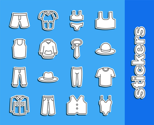 Set line Swimsuit, T-shirt, Man hat, Hoodie, Undershirt, Short or pants and Tie icon. Vector - Вектор, зображення
