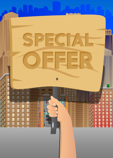 Hand holding up a banner with Special Offer text. Showing billboard banner, sign. Sale, shopping, shop retail business concept. - Вектор,изображение