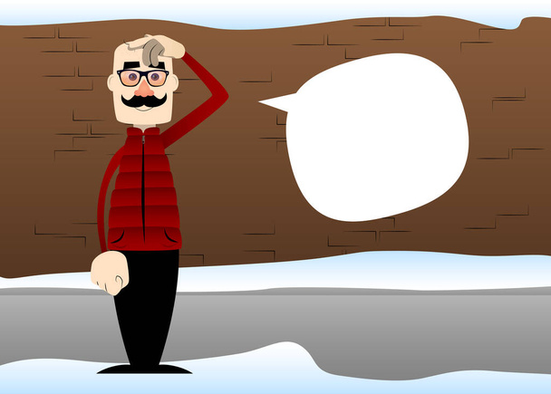 Funny cartoon man dressed for winter confused, scratching his head. Vector illustration. - Vector, imagen