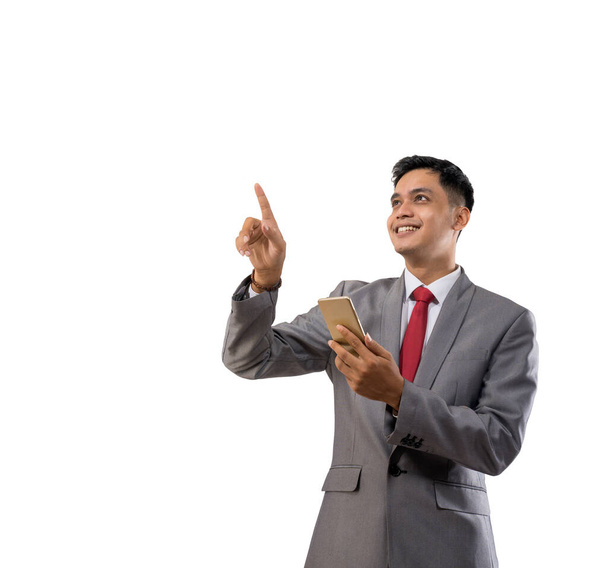 happy young man business showing blank space isolated - Photo, Image