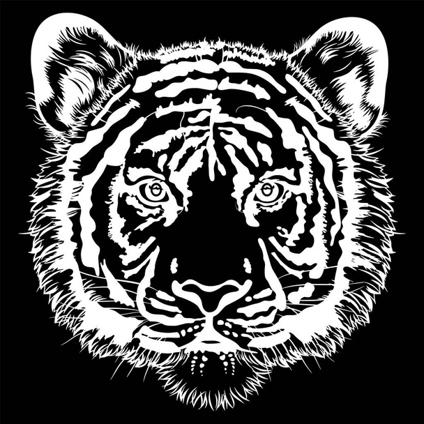 Black and white illustration of a tiger's face facing the front .  Illustration of a tiger's face drawn in white on a black background . - Zdjęcie, obraz