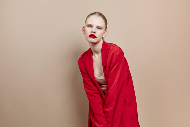 portrait of a woman red lips fashion jacket studio model unaltered - Foto, Imagen