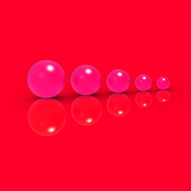 Five glass balls of different sizes of red color on red background. Growth of something. Progress. reflection. Square image. 3D image. 3D rendering. - Foto, Bild