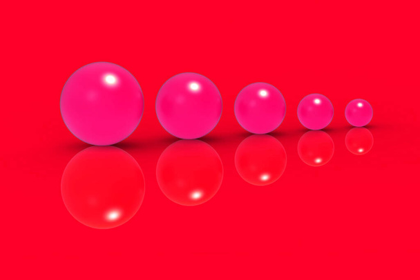 Five glass balls of different sizes of red color on red background. Growth of something. Progress. reflection. Horizontal image. 3D image. 3D rendering. - Foto, Imagen