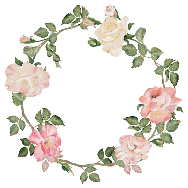 watercolor blooming rose branch flower bouquet wreath frame clipart - Vector, Image