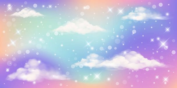 Fond de licorne arc-en-ciel fantaisie holographique avec nuages et étoiles. Ciel couleur pastel. Paysage magique, motif fabuleux abstrait. Mignon papier peint bonbons. Vecteur. - Vecteur, image