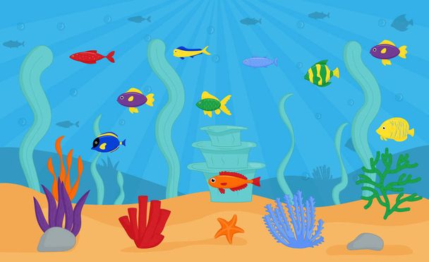 Mondo sottomarino marino. Design con pesce, alghe. - Vettoriali, immagini