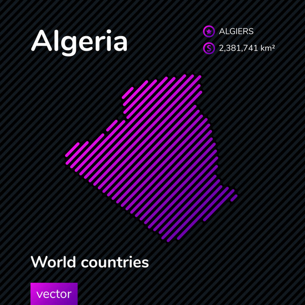 Carte vectorielle plate de l'Algérie en couleurs violettes sur fond noir rayé. Bannière pédagogique - Vecteur, image