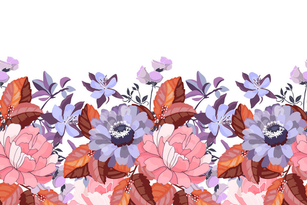 Vector floral seamless pattern, border. Horizontal panoramic design with lilac and pink flowers. - Vettoriali, immagini
