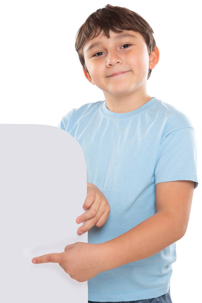 Child kid showing pointing on empty blank sign copyspace copy space marketing ad advert isolated on a white background portrait format - Photo, Image
