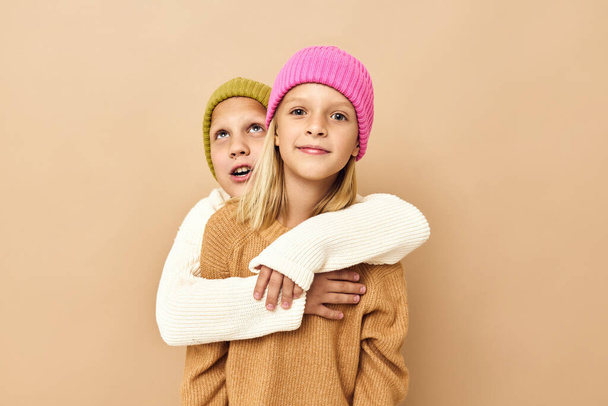 cute stylish kids hugs laughter friendship Studio emotions - 写真・画像