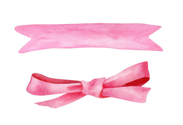 Watercolor pink ribbon and bow set. Hand drawn cute bright bowknot and banner illustration isolated on white background. Festive decoration for Christmas, Valentines day, birthday. - Foto, imagen