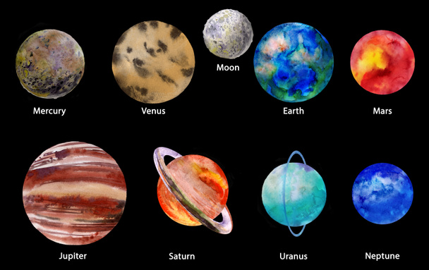 Ensemble de planètes du système solaire peintes à l'aquarelle - Photo, image