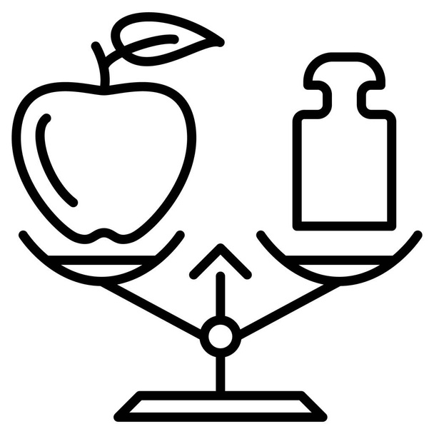 Weighing an apple on the scales. Retail, apple comparison, template, dietetics, healthy eating. Gardening, agronomy. Vector icon, outline, isolated - Vector, Image