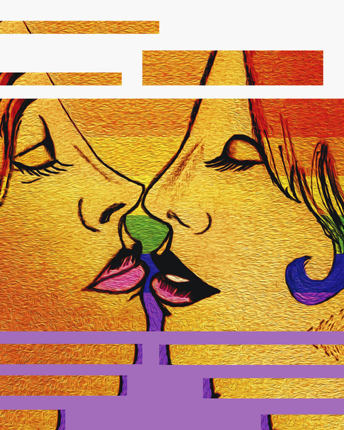 Lesbian girls in a kiss. Two young women kiss each other. Loving lesbian couple. Cartoon in retro style, - Photo, image