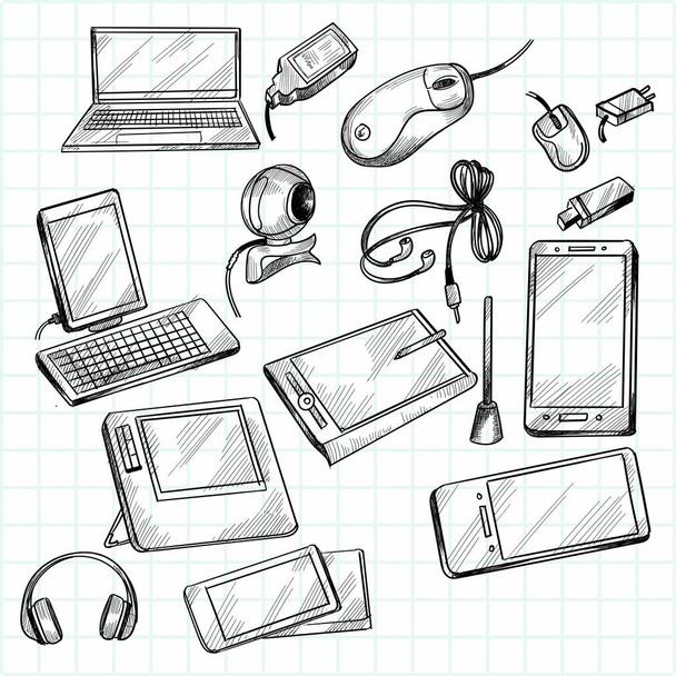Hand drawn device tablet, pc, laptop, smart phone doodle sketch set design - Vector, Image