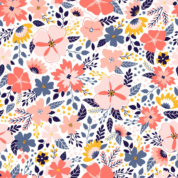 seamless pattern with abstract flowers, leaves and branches on white background. Good for textile print, wrapping paper, scrapbooking, backgrounds, kids fashion and apparel, etc. EPS 10 - Vektör, Görsel