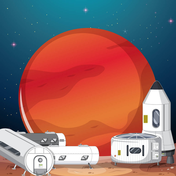 Landscape of space settlement with Mars planet illustration - Vector, Image