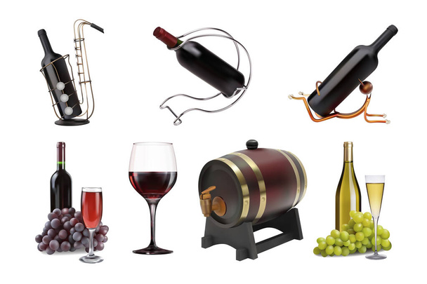 Set von Weingetränken in Flaschen, Weingläsern und Fässern. Vektor 3D Illustration - Vektor, Bild