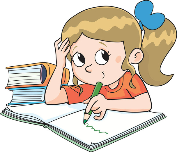dívka s lukem ve vlasech píše domácí úkol do školy obklopen knihami - Vektor, obrázek