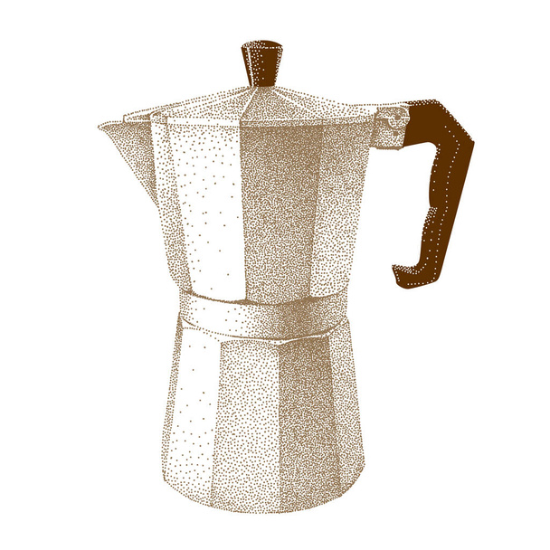 Geyser coffee maker. Moka pot of brown color. Vector hand drawn illustration in vintage style. Realistic sketch in retro. Pointillism. - Wektor, obraz