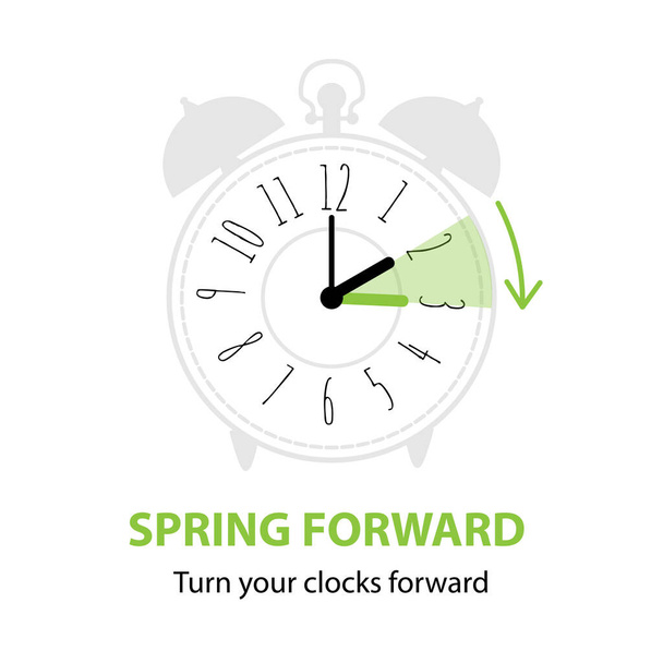 Ora legale. Primavera concetto avanti con sveglia grafica e programma per impostare gli orologi in avanti di un'ora in primavera. Illustrazione vettoriale isolata su bianco - Vettoriali, immagini