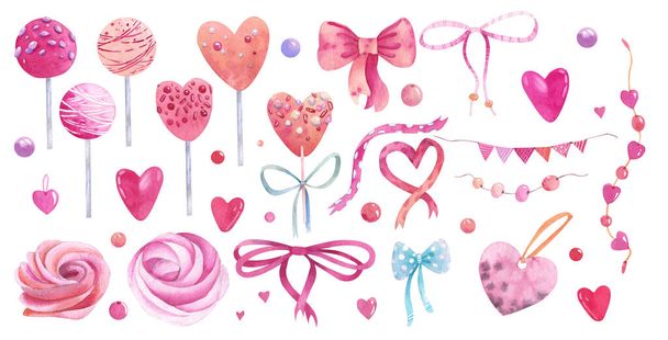 Clipart from watercolor illustrations. Heart-shaped lollipops, heart candies, marshmallows, satin ribbons, bows, beads, flags. The main color is pink. Sweet love mood for your designs. - Foto, Bild