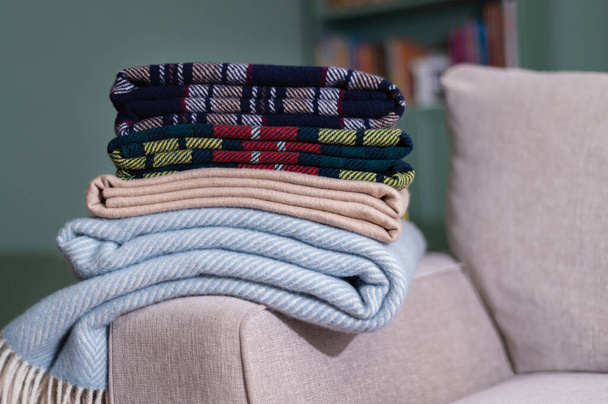 Stack of woolen checked blankets - Photo, Image