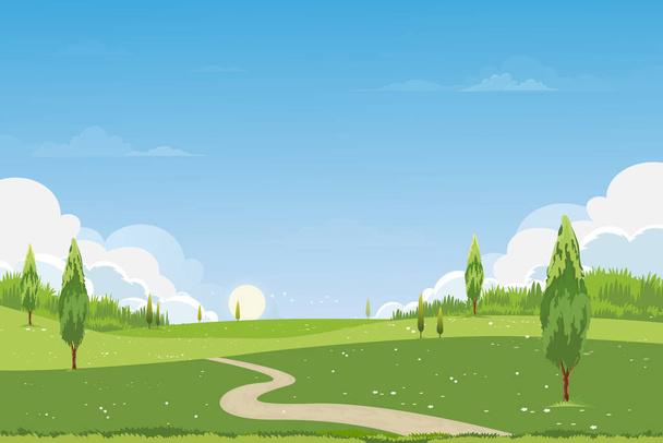 Frühling grüne Felder Landschaft mit Berg, blauem Himmel und Wolken Hintergrund, Panorama ruhige ländliche Natur im Frühling mit grünem Gras Land. Cartoon Vektor Illustration für Frühling und Sommer Banner - Vektor, Bild
