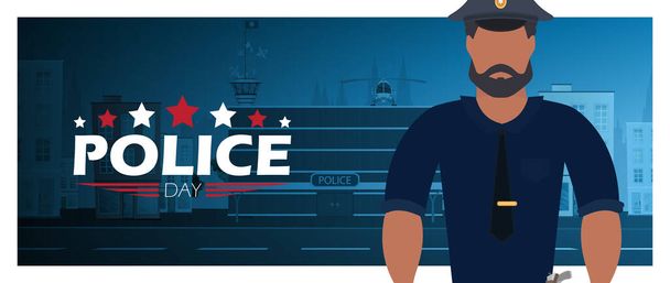Плакат Дня полиции в стиле мультфильма. День Защитника. Векторная иллюстрация. - Вектор,изображение