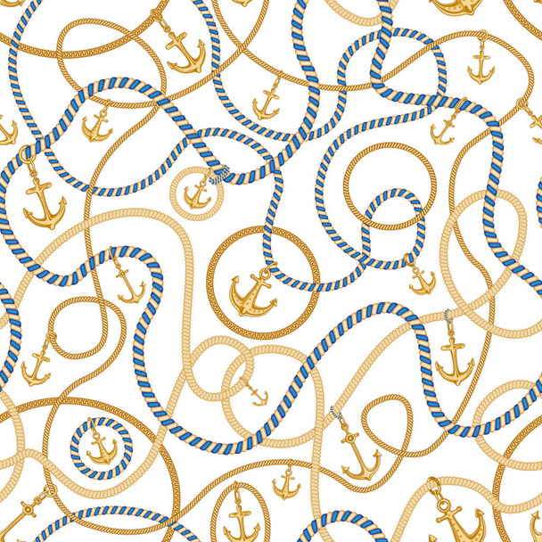 Golden sea nautical anchors, jewelry accessories, striped cables seamless pattern on a white background. Baroque textile silk print, wallpaper. There are seven chain  pattern brushes in the palette - Vektor, obrázek