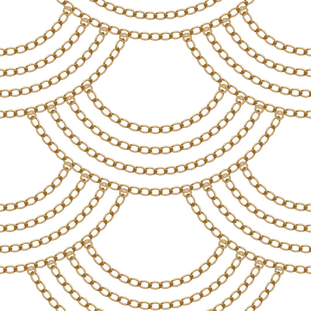 Wavy bezszwowy wzór ze złotymi łańcuchami i pierścieniami girlanda wisząca na białym tle - Wektor, obraz