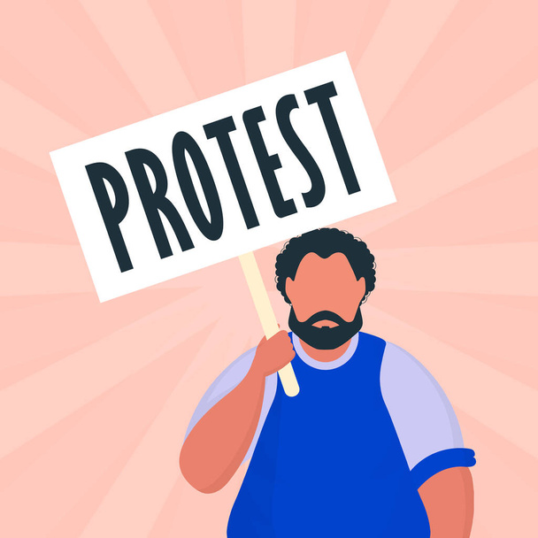 Un homme avec une bannière dans les mains. Affiche de protestation. Cartoon style. - Vecteur, image