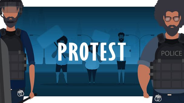 Police against the protest. A group of men with a banner in their hands against the backdrop of the city. Cartoon style. Vector illustration. - Vector, Image