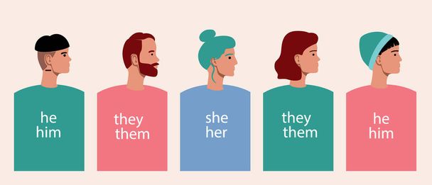 Comunidade de pessoas, gênero diferente, Estoque vetorial plano ilustração com pronomes de gênero, ele, ela, eles são como um conceito de um grupo de pessoas não-binárias, pessoas transexuais, bigenders, agenders - Vetor, Imagem