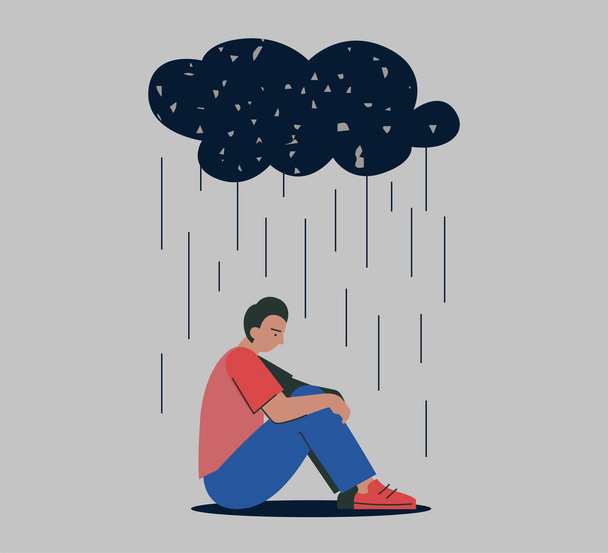 Onneton masentunut surullinen mies stressaantunut negatiivinen tunne ongelma istuu sadepilven alla. Yksinäinen kaveri. Yksin luuseri mies henkilö masennus. Yksinäisyys ja huonot tunteet pilvessä. Eps - Vektori, kuva